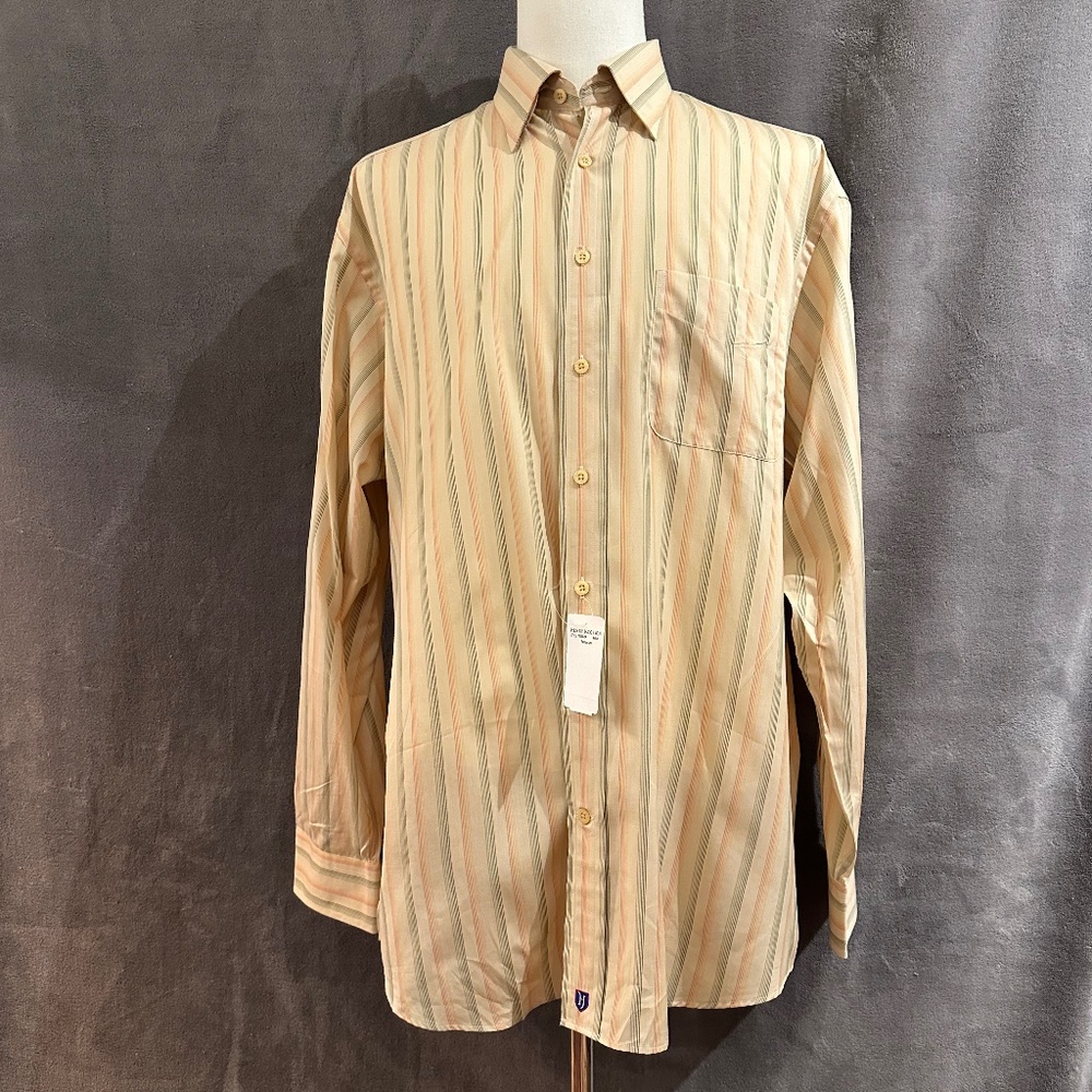 New Henry Jacobson 100% cotton khaki/rust/navy long-sleeve sport shirt, Large